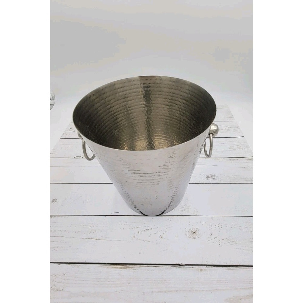 Viski Admiral Hammered Ice Bucket Silver Metal with Ring Handles - Picture 2 of 9